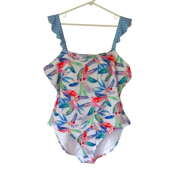 Oasis Ruffle Tropical Floral One Piece Swimsuit XXL Blue White - Picture 4 of 16
